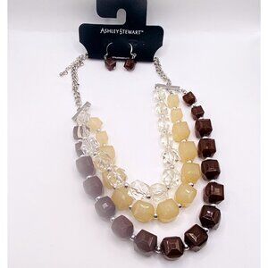 Ashley Stewart Brown Cream Triple Strand Beaded Necklace w/ Earrings New